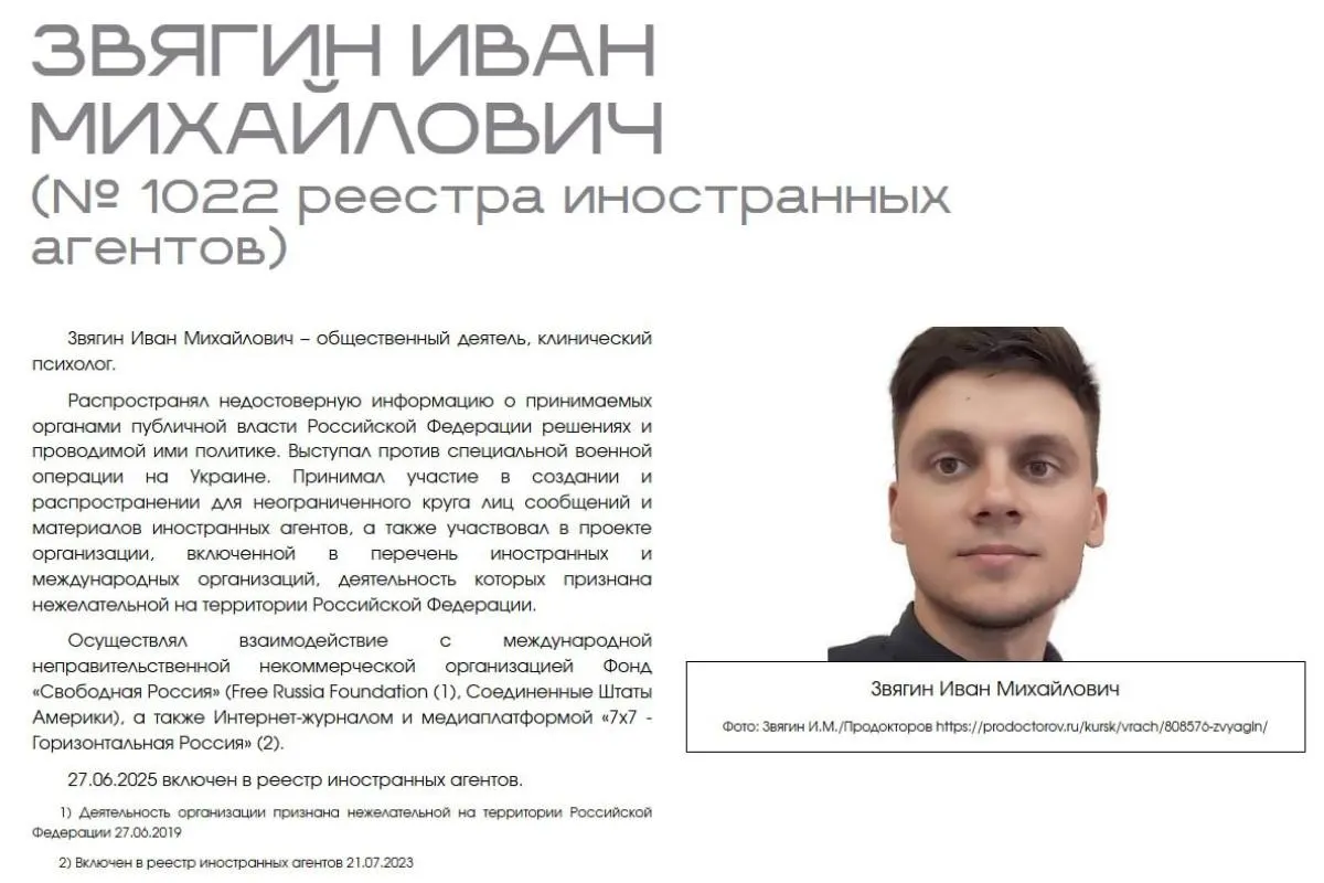 Иван Звягин требует признать противоправными действия Минюста: он жалуется на дискриминацию, унижение достоинства и нарушение презумпции невиновности из‑за публикации о «иностранных агентах».
