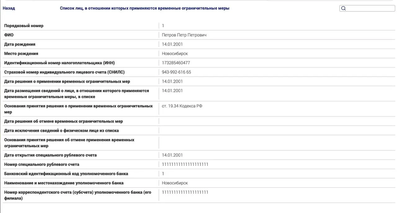 Новый закон вводит ограничения для россиян за пределами страны и предусматривает контроль за имуществом, банковскими операциями и другими действиями. В реестре указана тестовая запись.